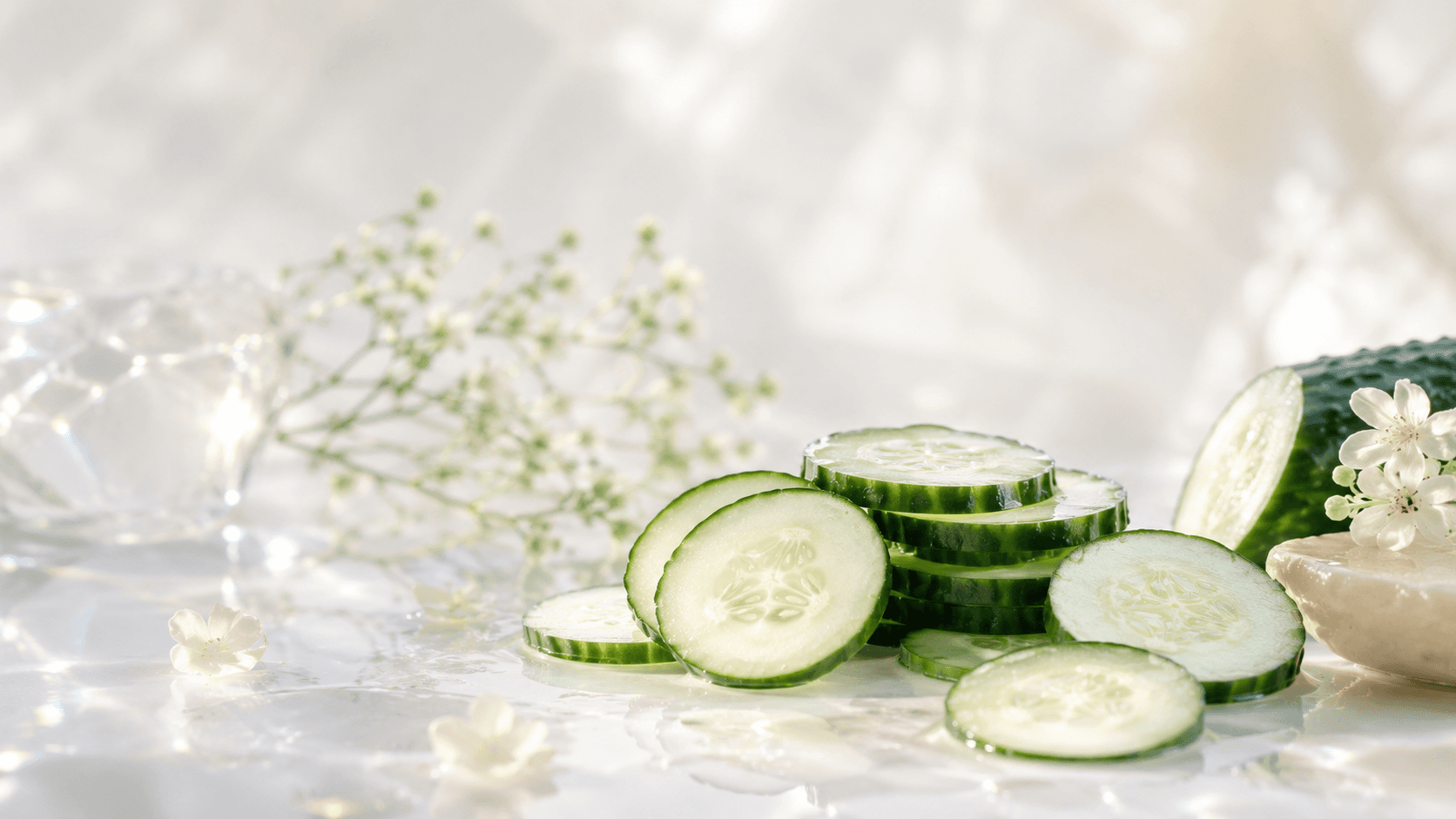 Freshly cut cucumber slices and small white blossoms on a bright, dewy surface