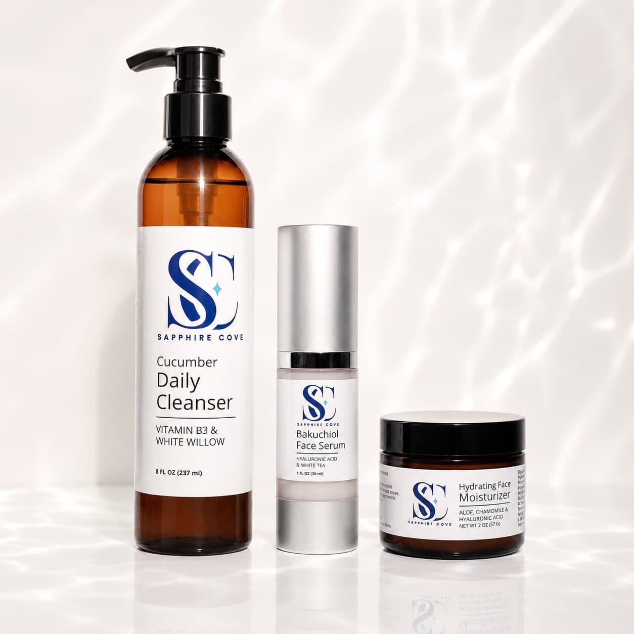 The Sapphire Cove Radiance Trio — the Cucumber Daily Cleanser, Bakuchiol Face Serum, and Hydrating Face Moisturizer shown together.